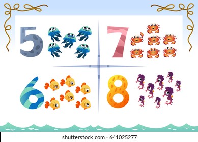 Collection number for kids: Sea animals. Vector illustration