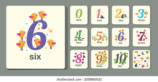 Collection of numbers from 0 to 10 with fish, animals, birds and plants. For preschool and kindergarten children learn numbers, count. Vector illustration