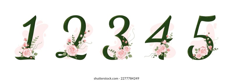 Collection numbers from 0 to 5 decorated with roses, leaves, branches. For the first year of a baby's life, wedding invitations and birthday cards. Baby milestone