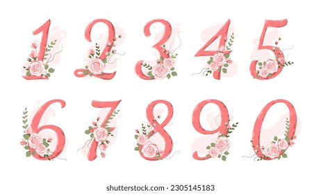 Collection numbers from 0 to 9 decorated with roses, branches, leaves. For the first year of a baby's life, wedding invitations and birthday cards. Baby milestone