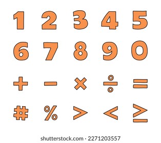 Collection of numbers from 0 to 9 and mathematical symbols. Hand drawn icons. Vector illustration