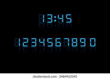 Collection of numbers from 0 to 9 on digital clock face template in blue color isolated on black background for websites and graphic resources.