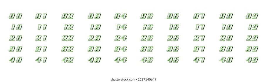 collection of numbers 1 to 50 in green halftone racing style on white background