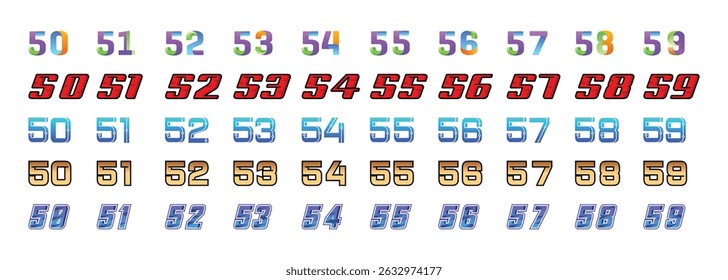 collection of numbers 50 to 59 with various models and colors on a white background - Powered by Shutterstock - Get 15% off with code: PIKWIZARD15