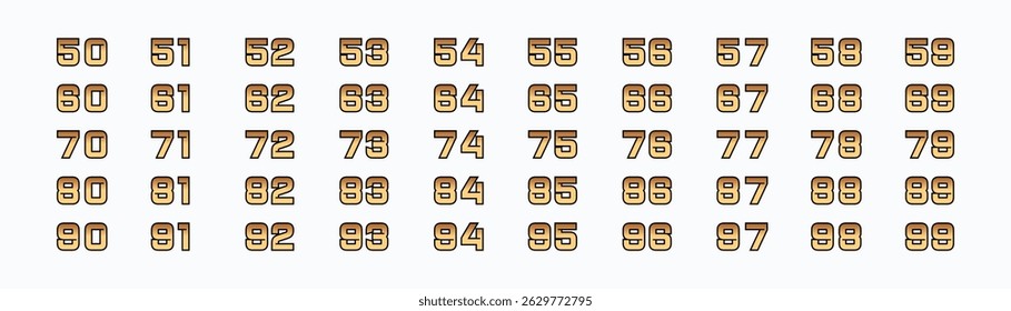 collection of numbers 50 to 90 in gold color on a white background for racing, events, birthdays and moments