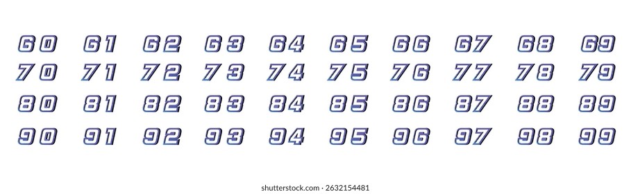 a collection of numbers 50 to 90 in purple racing style with black halftones on a white background
