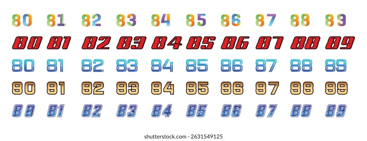 collection of numbers 80 to 89 with various models and colors on a white background - Powered by Shutterstock - Get 15% off with code: PIKWIZARD15