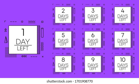 Collection numbers days left countdown template on purple background. Geometry design. Vector illustration.
