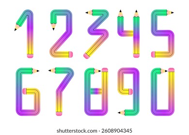 Collection of numbers  formed by gradient pencils with pink erasers on a white background.