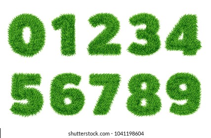 Collection of  numbers.  Green grass filled the character. Zero to nine, figures. isolated from a white background. Vector illustrations