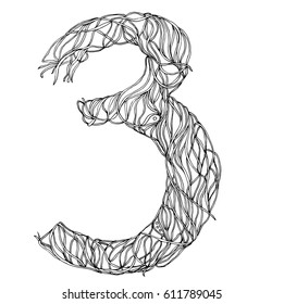 Collection of numbers of herbs close-up isolated on white background. Number 3. Can be used as adult coloring book, coloring page.