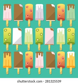 Collection of numbers ice-creams vector images, sweet, with chocolate, glaze and fruits. Flat layered modern vector illustration and design element. Refreshing in summer time