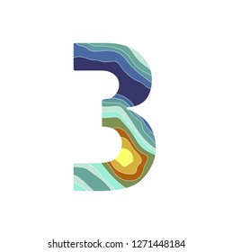 A collection of numbers with a pattern of wavy multicolored lines. Number three