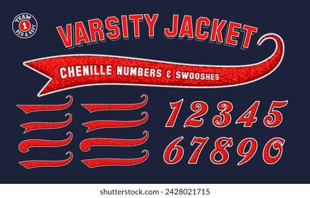 Una colección de números y swooshes en el estilo de chenille tela varsity letterman chaqueta parches