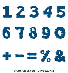 Collection of numbers and symbols. Cartoon one, two, three, four, five, six, seven, eight, nine and zero. Plus, minus, equals and percentage signs on a white background.