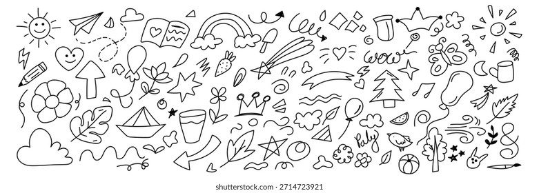 Colección de numerosos iconos de doodle dibujados a mano en blanco y negro cubre temas como la celebración del Clima de la naturaleza y marcas abstractas perfectas para el diario creativo scrapbooking o agregar acento divertido