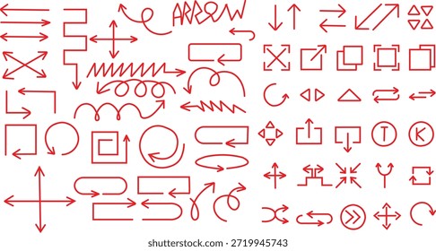 Collection of numerous hand drawn red arrows and directional indicators featuring diverse styles and shapes for annotation.