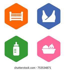 Collection Of Nursing Bra, Cot, Washing And Other Elements.  Set Of 4 Kid Icons Set. 