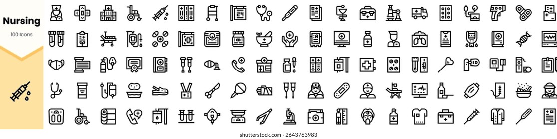 A collection of nursing icons featuring medical tools, health symbols, and caregiver imagery, perfect for healthcare design and educational materials.
