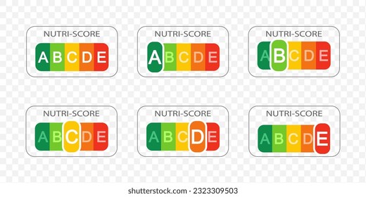 Collection of Nutri Score labels with gradation letters on transparent background. Nutritional quality of foods stickers used in Europe products rating system. Vector flat illustration