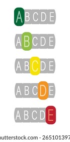 Uma coleção de rótulos Nutri Score com letras de gradação. Rótulos de qualidade nutricional dos alimentos, sistema de classificação dos produtos. Um sistema de avaliação do valor nutricional dos alimentos. Marca de qualidade. Vetor EPS10