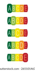 Uma coleção de rótulos Nutri Score com letras de gradação. Rótulos de qualidade nutricional dos alimentos, sistema de classificação dos produtos. Um sistema de avaliação do valor nutricional dos alimentos. Marca de qualidade. Vetor EPS10
