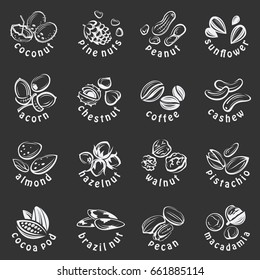 collection of nuts icons on black background