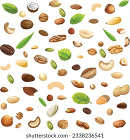 collection of nuts and seeds in circle form. Various nuts isolated on white, pecan, macadamia, brazil nut, walnut, almonds, hazelnuts, pistachios, cashews, peanuts, coconuts. Top view vector flat