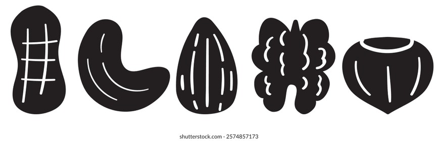 Collection of nuts. Silhouettes. Isolated icons. Hand drawn illustrations on white background.