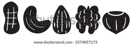 Collection of nuts. Silhouettes. Isolated icons. Hand drawn illustrations on white background.