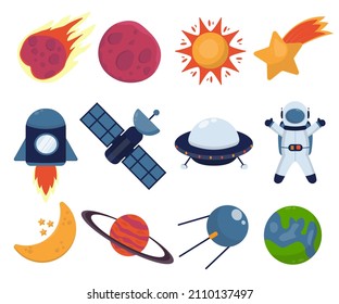 Collection object cartoon character about astronauts and items for graphic designer in galaxy and globe concept, vector illustration