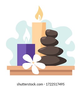 Colección de objetos para los procedimientos de baño y sauna. Piedras calientes para masajes y velas aromáticas para aromaterapia y tratamiento. Flor y vapor caliente en el fondo, servicio de masaje vectorial