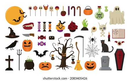 Collection of objects for the celebration of Halloween. Mystical illustrations in flat style.