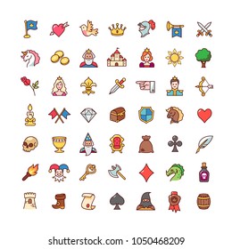 Collection of objects and characters for fairy kingdom. Set of cartoon icons isolated on white background. 