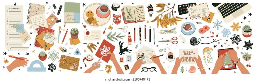 Collection of objects and compositions with female hands at work. Creating Christmas decorations, greeting cards, writing letters and compiling a wish list. Flat style in vector illustration. Isolated