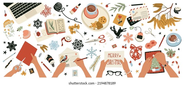 Collection of objects and compositions with female hands at work. Creating Christmas decorations, greeting cards, writing letters and compiling a wish list. Flat style in vector illustration. Isolated