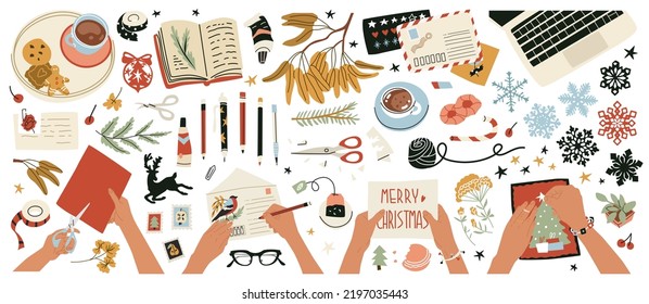 Collection of objects and compositions with female hands at work. Creating Christmas decorations, greeting cards, writing letters and compiling a wish list. Flat style in vector illustration. Isolated