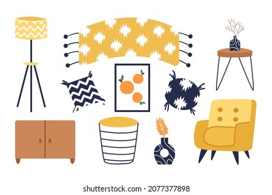 A collection of objects and furniture for a modern home interior. Vector illustration.