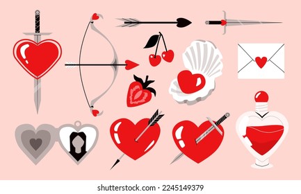 Colección de objetos con corazones. Símbolos de amor para el día de San Valentín