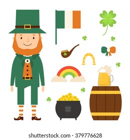 Collection of objects and Leprechaun for card, decoration for Saint Patrick's design.