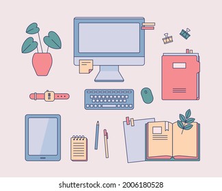 Collection of objects on the desk. flat design style minimal vector illustration.