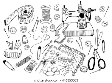 a collection of objects for sewing . scissors,thread,sewing machine,needles,pins. Vector illustration