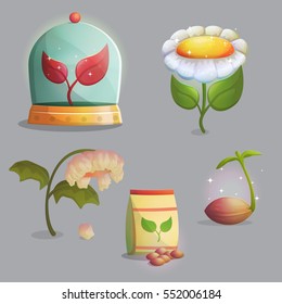 A collection of objects showing flower growing stages, seeds and a paper bag, growing sprout, flowering and fading withering plant. Artificial ecosystem in a glass can. Game and app ui icons.