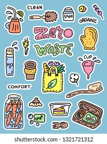 Colección de objetos para etiquetas y parches. Juego de ilustraciones de basura cero. Estilo de doodle de caricatura