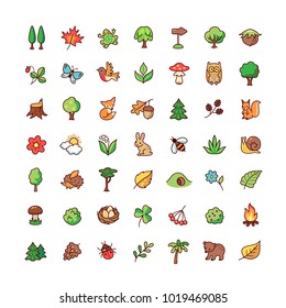 Collection of objects and symbols of forest plants and animals . Set of cartoon icons isolated on white background. 
