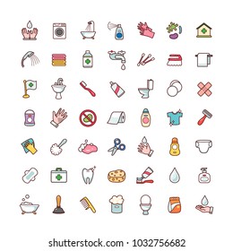 Collection of objects and symbols for hygiene. Set of cartoon icons isolated on white background. 
