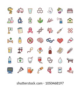 Collection of objects and symbols for medicine. Set of cartoon icons isolated on white background. 
