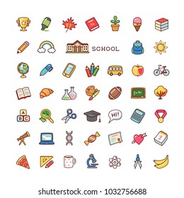 Collection of objects and symbols for school. Set of cartoon icons isolated on white background. 
