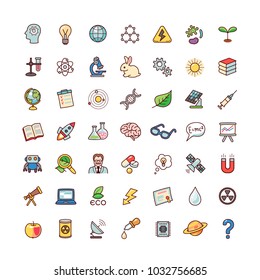 Collection of objects and symbols for science. Set of cartoon icons isolated on white background. 
