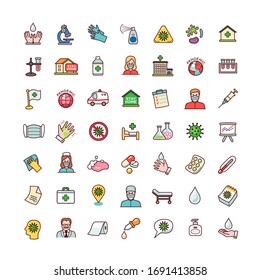 Colección de objetos y símbolos del virus mundial de la pandemia. Conjunto de iconos de dibujos animados aislados en fondo blanco. 
